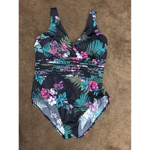 Aqua Green Tropical Floral V Neck One Piece Swimsuit Size 18 NWOT